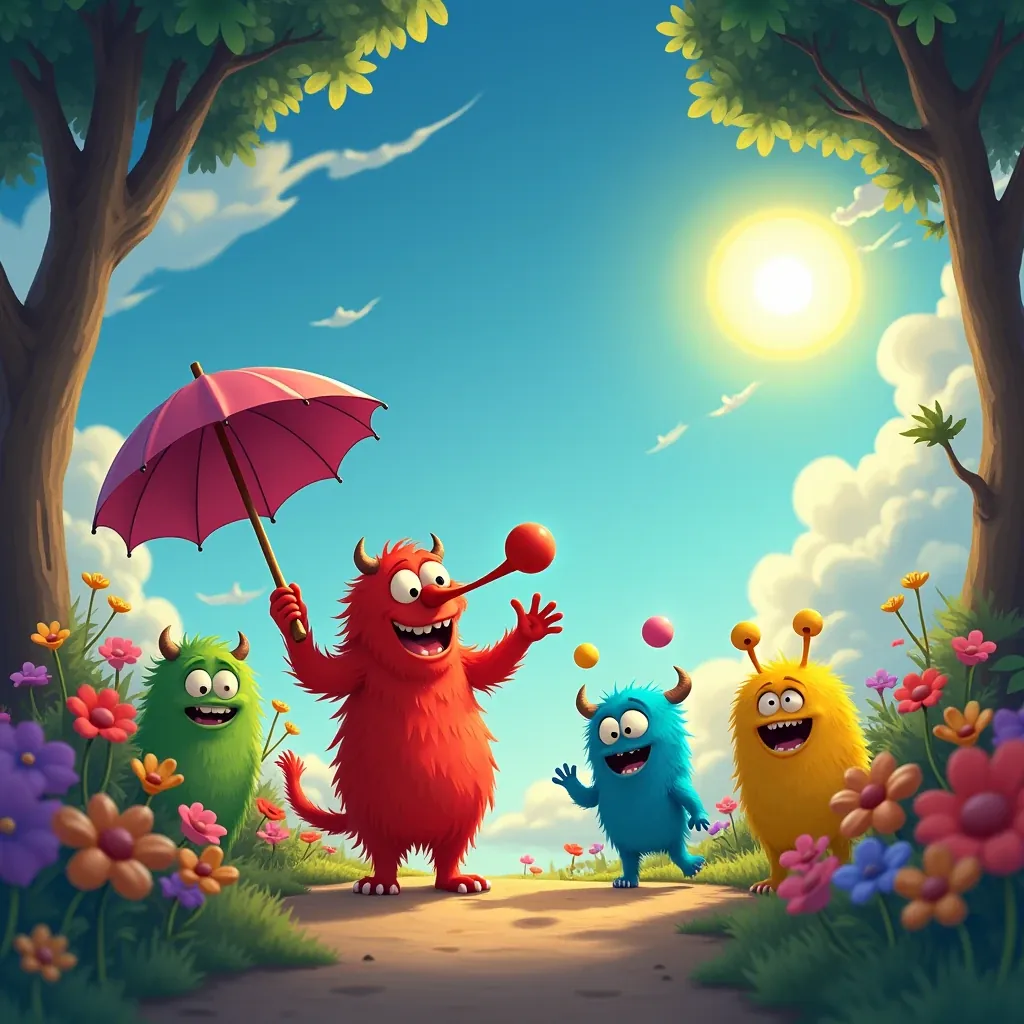cuento de la magia de los monstruos malabaristas del color brillante