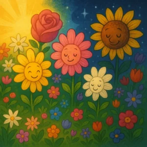 las tres flores de la luz y la noche amarillita rosita y blanquita flores de ensueno en un jardin magico