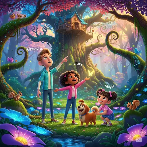 los tres valientes exploradores del bosque encantado con su fiel companero bubu