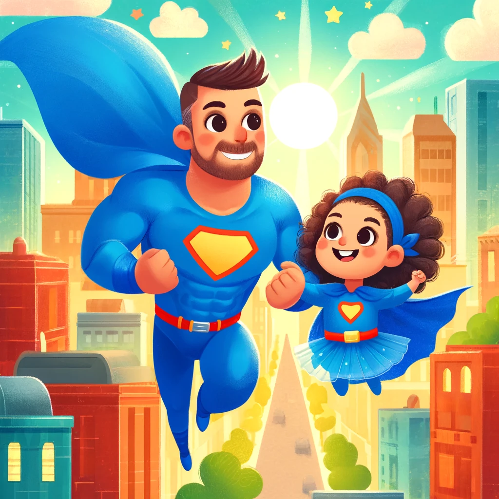 papa y luciana superheroes en la ciudad