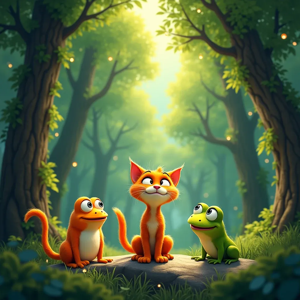 the cat the fish and the frog in the forest